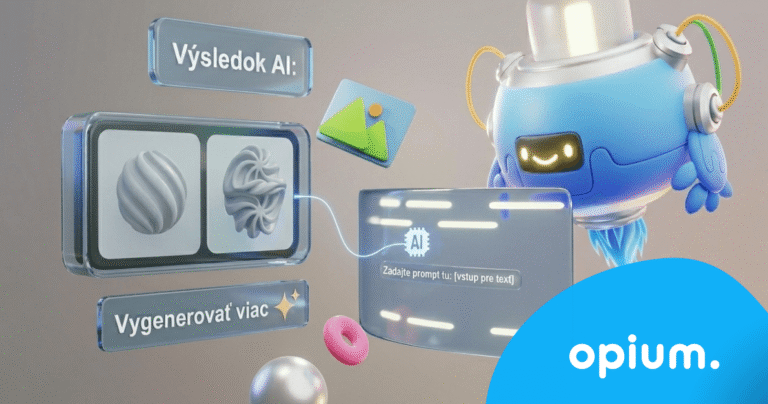Priateľský robot sa vznáša vedľa futuristického rozhrania, ktoré zobrazuje obrázky generované umelou inteligenciou a slovenský text, pričom v pravom dolnom rohu je modré logo s nápisom opium.