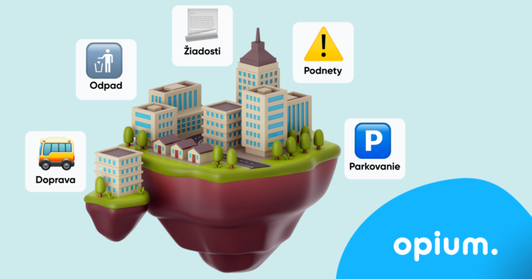 3D ilustrácia plávajúceho mestského ostrova s ikonami pre odpad, dopravu, žiadosti, spätnú väzbu a parkovanie okolo neho. V pravom dolnom rohu sa na modrom pozadí zobrazuje slovo opium.