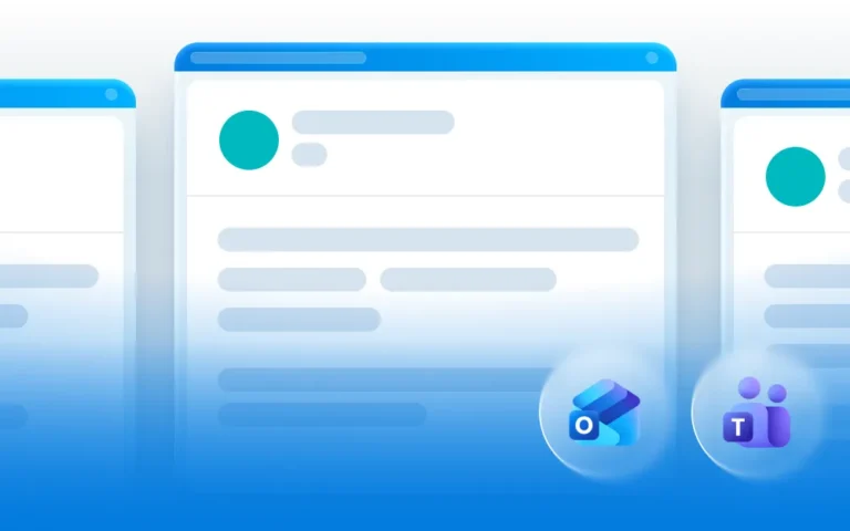 Ilustrácia počítačového rozhrania s tromi prekrývajúcimi sa oknami s ikonami profilov a textovými riadkami. Dve ikony aplikácií - Microsoft Outlook a Microsoft Teams - v pravom dolnom rohu naznačujú bezproblémovú integráciu CRM na mieru a automatizáciu procesov.