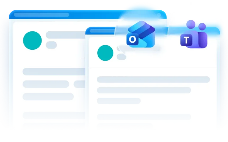 Ilustrácia dvoch prekrývajúcich sa okien prehliadača s ikonami pre Microsoft Outlook a Microsoft Teams nad nimi, ktorá zdôrazňuje integráciu v rámci Microsoft 365 na podporu digitalizácie firiem a bezproblémového podnikového prepojenia.