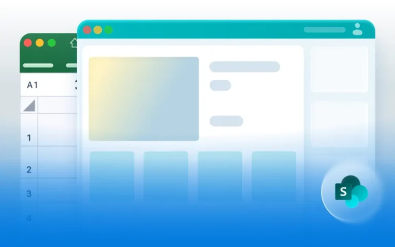 Ilustrácia zobrazujúca tabuľku čiastočne za oknom webového rozhrania s logom Microsoft SharePoint v pravom dolnom rohu, čo naznačuje digitalizáciu procesov a integráciu alebo funkcie spolupráce.