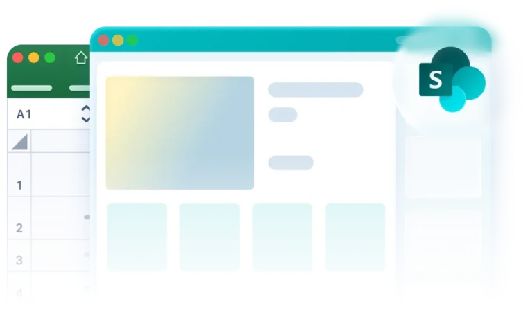 Abstraktná ilustrácia zobrazujúca rozhranie tabuľkového procesora čiastočne prekryté štylizovaným webovým ovládacím panelom a logom SharePoint v pravom hornom rohu so zvýraznením Microsoft 365 a digitalizáciou firiem.