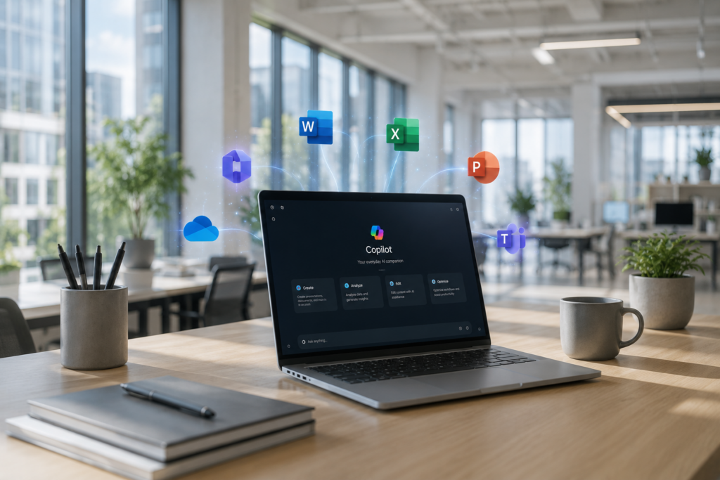 Na stole stojí notebook, na ktorom je spustená aplikácia Microsoft Copilot, a nad ním sa v jasnom modernom kancelárskom prostredí vznášajú ikony aplikácií Word, Excel, PowerPoint, OneDrive a Teams.